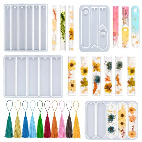 Lesezeichen Silikonformen 4er Set mit 10 Quasten, Gießformen für Resin | Mit Loch-Design für individuelle Lesezeichen aus Epoxidharz, ideal für Trockenblumen, Glitzer und kleine Deko