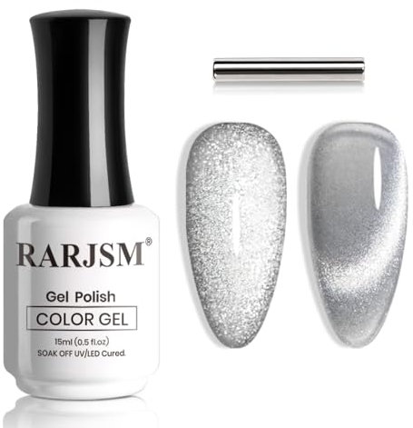RARJSM Velvet Silver Cat Eye Gel Nail Polish with Magnet Stick Gray Silver Ice Galaxy Universal Glitter Sparkle 9D Cat Eye Gel Polish Soak off UV LED Curing Requires Home Salon Nail Art