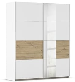 Rauch Möbel Oxford, Schiebetürenschrank, 2-türig, 1 Spiegel, Zubehör Premium, 4 Einlegeböden, 1 Schubkasteneinsatz, Türdämpfer, Farbe Weiß/Eiche Artisan, Holz, Griffleisten Alufarben, 175x210x59cm