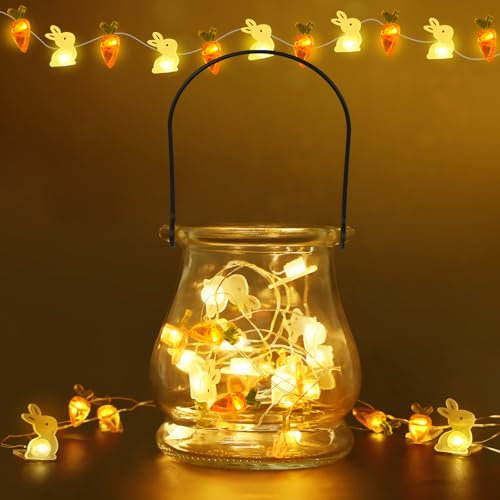 Ulikey 20er LED Lichterkette Ostern, Osterdekoration Hase Karotte Lichterkette mit Glasflasche, Warmweiß Micro Osterdeko Lichterkette, Innen Batteriebetrieb für Tischdeko Ostern, Balkon, Garten