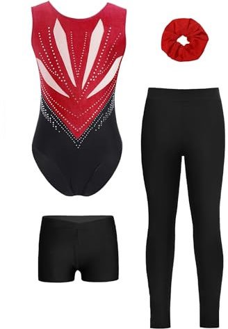 Yruioon Mädchen Turnanzug Glitzer Gymnastikanzug 4tlg.Ärmellos Gymnastik Leotard mit Hose Shorts Haarband Turnen Trikot Wettbewerb Tanzkostüm A Weinrot&Schwarz 146-152