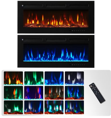 FLAMEKO 40 Wall Mounted Electric Fireplace, Winslow, Black | With 1kW-2kW Heater, 9 Colour LED Flame Effect, Logs & Crystals Included, Touch Screen & Remote Control, TV Safe Media Wall