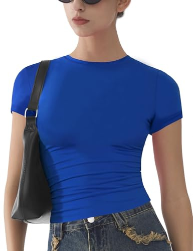 Womens Basic Short Sleeve Slim Fit T Shirts Soft Crewneck Crop Y2k Tees Summer Stretchy Cute Tops