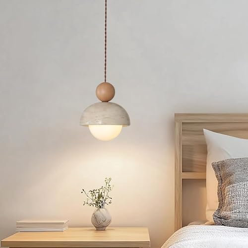 ENXING Kronleuchter japanische Wabi-Sabi-Pendelleuchte aus gelbem Travertin Natursteinschirm Pendelleuchte mit Holz-Hängeleuchte G9 nordische Mini-Pendelbeleuchtung für Kücheninsel und Esszimmer(2PC)