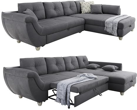 luma-Home 15230/ Großes Ecksofa mit Schlaffunktion & Bettkasten, Grau | B330/T207/H90 cm, Ottomane links oder rechts montierbar, Wellenunterfederung, Mikrofaser-Bezug