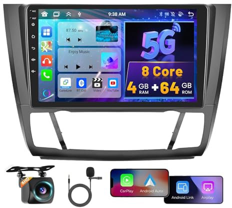 8 Core 4G+64G Hikity Android 15 Radio de Coche para BMW Serie 1 E88 E82 E81 E87 2008-2012 con Carplay Android Auto, 9 Pulgadas IPS de Pantalla Táctil con GPS Bluetooth WiFi FM/RDS DSP Cámara Trasera