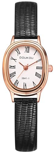 JewelryWe Damenuhr Kleine Ovale Uhren: Vintage Römische Ziffern Analog Quarz Armbanduhr mit Schwarz Lederarmband Elegant Modische Uhr aus Leder für Damen Frauen