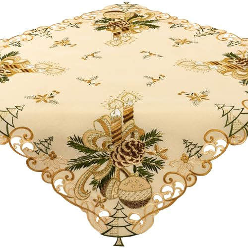 Tischdecke Weihnachten Beige Kerze Gold Mitteldecke Bestickt 110 x 110 Weihnachtstischdecke Stoff Waschbar
