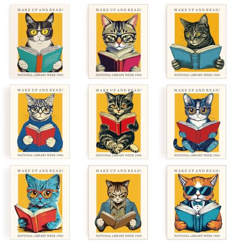 INFUNLY 9er Set Katzengemälde Zum Lesen Vintage Coole Katzen Poster 8×10 Bücherkunstwerk Deko Ohne Rahmen Leinwanddrucke Ästhetische Wandkunst Für Schlafzimmer Bibliothek Hausdekoration