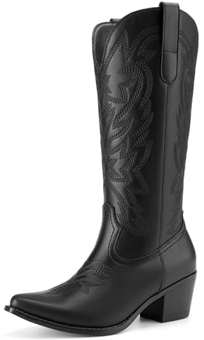 Athlefit Cowboy Cowgirl Boots for Women Low Heel Western Mid Calf Boots | Mid Calf Classic comfort, Snip Toe boots for women Embroidery Fashion Pull-on Vintage for country music festivals party