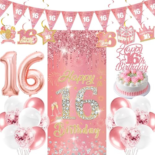 Deko 16 Geburtstag Mädchen Rosegold - 29 Stück Deko für 16 Jahre Mädchen | Rosegold Glitzer Sweet 16 Deko mit Girlande Wimpel Tortendeko Ballons für 16 Party