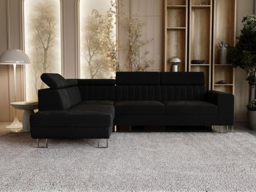 GRAINGOLD Berona Ecksofa 255x190 cm, L-Form Sofa, Schlafcouch für Wohnzimmer, Velours, 3-Sitzer Eckcouch, Modernes Design (Schwarz, Links)