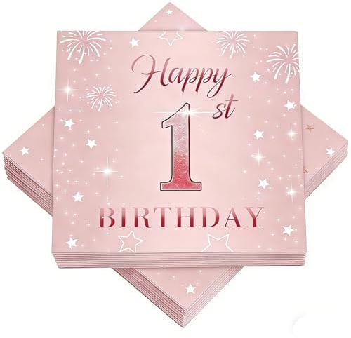 40 Stück Servietten 1. Geburtstag Mädchen Roségold Happy 1st Birthday Papierservietten 34 * 34cm Tischdeko 1 geburtstag mädchen Party Zubehör Deko Rosa Gold