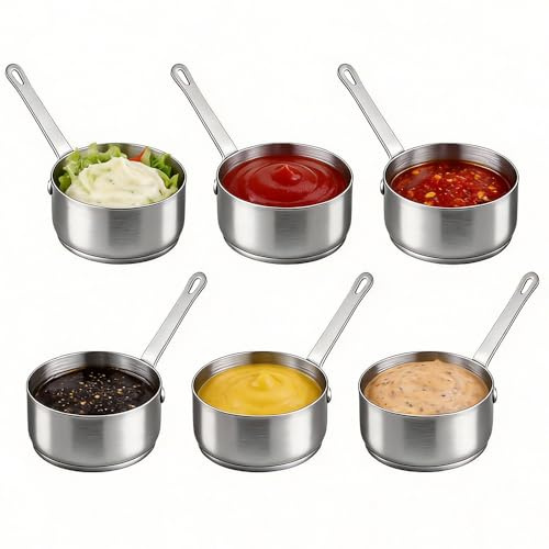 Wxeadu 6 Pcs 100ml Stainless Steel Sauce Pots with Handle, Mini Saucepan, Metal Ramekins with Handle for Condiment, Marinade,Dipping Bowls with Handle for Home Kitchen, Stainless Steel Condiment Pots