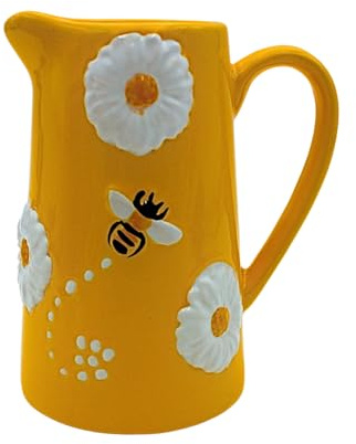 Dekovase, Kannenvase, Blumenvase, Frühlingsvase, Keramikvase, Tischvase, Vase mit Bienen und Mageriten, Vase mit Bienen Dekor aus Keramik mit Griff in Kannenform, in gelb, L/B/H 11 x 8 x 14 cm.
