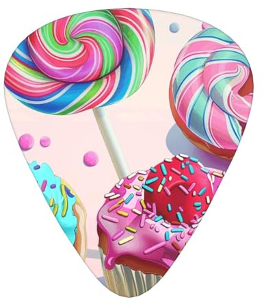 Bunte Gitarrenplektren mit süßem Lutscher-Cupcake-Donut-Druck, verschiedene Stärken mit Aufbewahrungsbox und verschiedenem, einzigartigem Design für Akustik-, Elektro-, Bass- und Ukulele-Spieler, 12