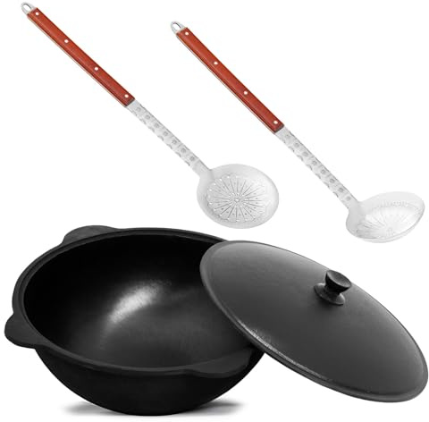 Namangan Original Usbekischer Kasan 22 L aus Gusseisen mit Aluminium-Deckel | Schwenktopf Dutch Oven Feuertopf für Camping Outdoor inkl. Schöpfkelle Schaumlöffel