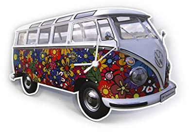 BRISA VW Collection - Volkswagen Wall Workshop Clock Timepiece in T1 Bus Campervan Design (Flower Power/Multicolor)
