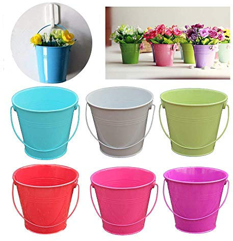 Dproptel 2-in-1 Portable Flower Pots + Sand bucket, Iron Hanging Flower Pots, Balcony Garden Pots Wall Planters Metal Bucket Flower Holders with Detachable Hooks - 8 Colors Set