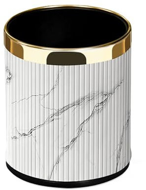 Trash Can Cubo de basura de metal de lujo con cubierta de cuero, papelera redonda abierta para oficina, doble capa (oro rosa con anillo dorado)
