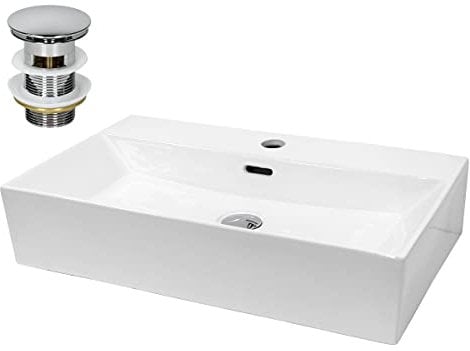 ECD Germany Lavabo de Salle de Bain 515x360x130 mm en Céramique Blanc Angulaire avec Garniture de Vidage Chrome, pour Vasque avec Trop-Plein, Évier Lave-Mains à Poser sur Meuble, Design Moderne