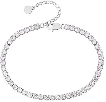 KRKC&CO 4mm Damen Tennis Fußkettchen, Weißgold beschichtet Tennisarmband, Länge verstellbar Fußspange Iced Out Fußkettchen, Tennis Kette Fußband für Frauen Mädchen Geburtstag Geschenk