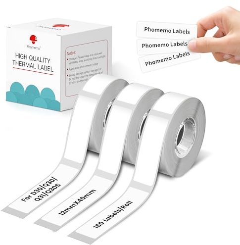 Phomemo 3 Rollen D30 Etiket -, 12mm × 40mm,D30 multifunktionales Etikett Thermoklebeetikett,kompatibel mit dem PhomemoD30 Etikettendrucker,geeignet für Zuhause,Büro,Schule.160/ Rolle,3 Rollen