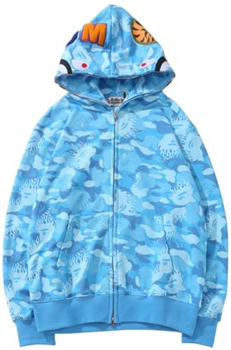 PADOLA Herren Kapuzenpullover Shark Hoodie Herren 3D Camouflage Fleecejacke Haikopf Shark Pullover Hai Jacke Winter Warm Sweatshirt mit Reißverschluss Übergangsjacke Herren (3 Hellblau, M)