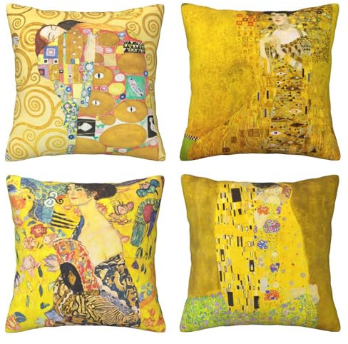 HOSTECCO Gelb Kissenbezüge Set von 4 Gustav Klimt Painting The Kiss Kissenbezüge, quadratisch, dekorative Kissenbezüge für Sofa, Couch, Bett, 45,7 x 45,7 cm