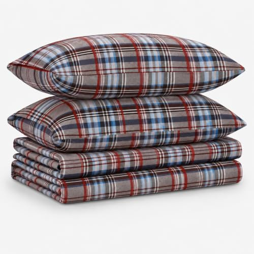 Tribeca Living Ultra Soft Turkish Cotton Flannel King Sheet Set with Extra Deep Pocket, 100% Cotton Flannel Sheets 4 Piece Set, Brentwood Plaid 170-GSM