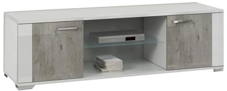 AltoBuy Lynda - Meuble TV 2 Portes Laqué Blanc et Gris Béton