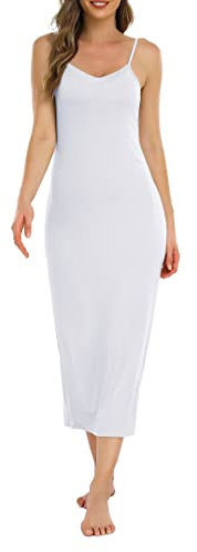 Vlazom Fond de Robes Longue Lingerie Femme Modal Jupon sous Robe Bretelles Slip Elégant Chemise de Nuit sans Manches Sexy Fonds de Robe Femme,L,Blanche