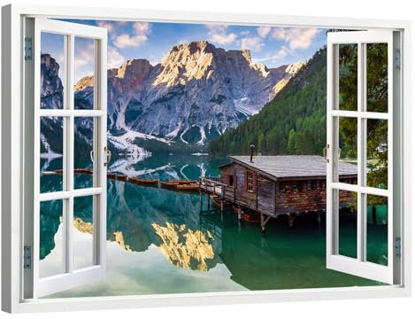 canvashop Quadri Montagna Lago di Braies Con Finestra 100X70 Cm Dolomiti Stampe Da Parete Su Tela Canvas Arredo Casa Moderni Soggiorno