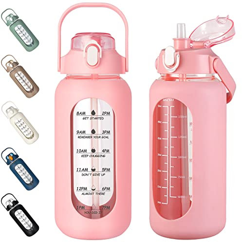 kytffu Borraccia in vetro da 1,8 l, con cannuccia, con motivo motivazionale, custodia in silicone e indicatore del tempo, 2 l, a prova di perdite, grande brocca per palestra, casa e ufficio, rosa