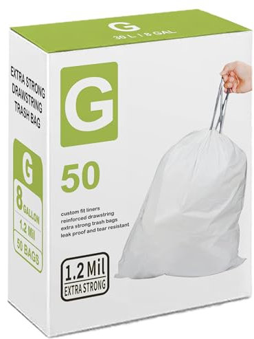 8 Gallon Code G Heavy Duty Drawstring Trash Bags | 1.2 Mil | White Garbage Can Liners 8 Gallon / 30 Liter (50 Count) Compatible with simplehuman Code G Heavy Duty Plastic Trash Bags