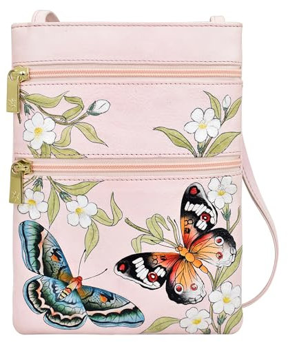 Anuschka Handbemalte Travel Crossbody Tasche aus echtem Leder mit doppeltem Reißverschluss - Butterfly Melody