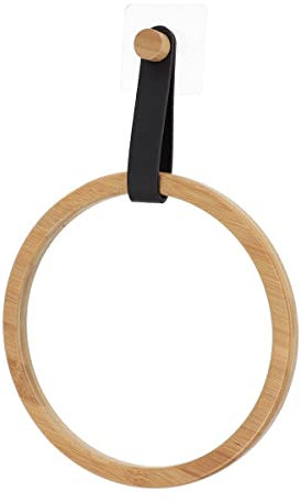 Porte-serviettes circulaire en bambou avec fixation en cuir synthétique, porte-serviettes 21 cm pour lavabo avec fixation adhésive sans trous (Porte-serviettes noir)