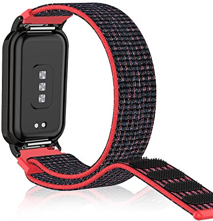 SeNool Nylon Armband für Xiaomi Smart Band 8 Active/Redmi Smart Band 2, Weiches Sport Ersatzarmband Klettarmband Weiches Uhrenarmband für Xiaomi Smart Band 8 Active/Redmi Smart Band 2 - Schwarz Rot