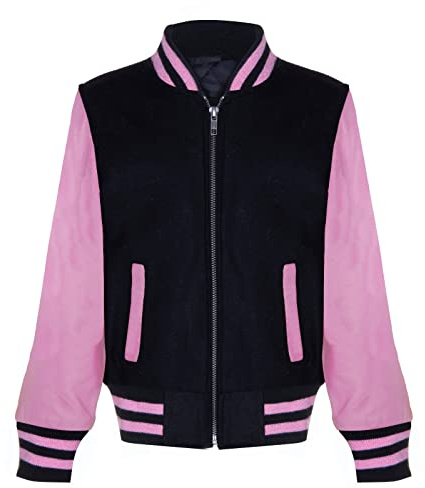 Kids Varsity Black Bomber Jacket with Real Leather Sleeves Pink 11