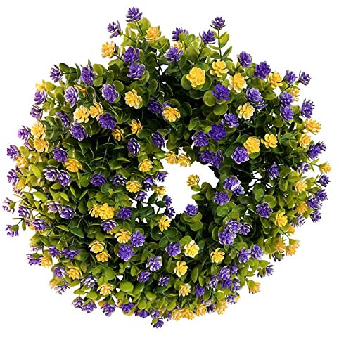 Bauernhaus Bunte Häuschen Türkranz Frühling - Künstliche Kranz Deko für Frühling Sommer Ganzjährig, künstliche Blumen Türkranz,Kunstpflanze Girlande, Kranz Willkommenszeichen(Gelb Lila, 45cm)