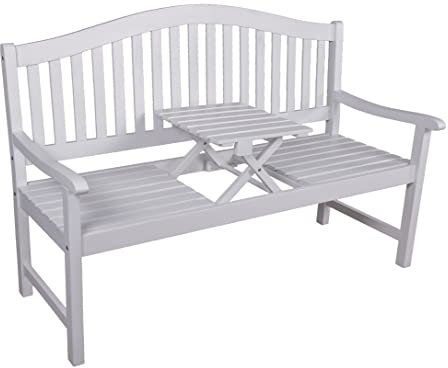 VARILANDO Gartenbank mit hochklappbarem Tisch, Klapptischbank, Bank mit Tisch zum hochklappen, Eukalyptus Holz aus 100% nachhaltigem Anbau (weiß)