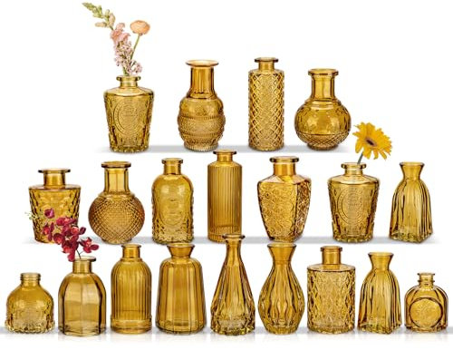 Oairse Glass Bud Vases Set of 20 Amber Glass Vase for Flowers Mini Vintage Bottle Vases for Floral Arrangements Decorative Small Vases in Bulk for Wedding Centerpieces Table Decoration Home Table