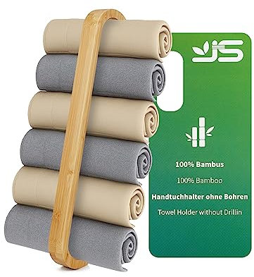 JS Towel rail Bamboo Towel Holder Self Adhesive Nature Guest Towel rails Bathroom Shower Stick on Towel Ring Wood Wall Mounted,43CM