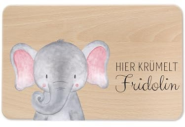 wunderwunsch - Individuelles Holzbrett mit Hochwertigem UV-Druck für Kinder - Personalisiertes Frühstücksbrettchen - Niedliche Motiv-Brettchen mit Namen (Elefant links unten)