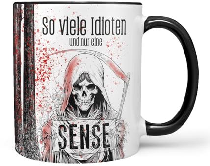 Sunnywall Keramiktasse 330ml: So viele Idioten und nur eine Sense - Lustiges Statement mit Reaper, Tod & Skelett Hochzeitsgeschenk (Schwarze Keramiktasse)