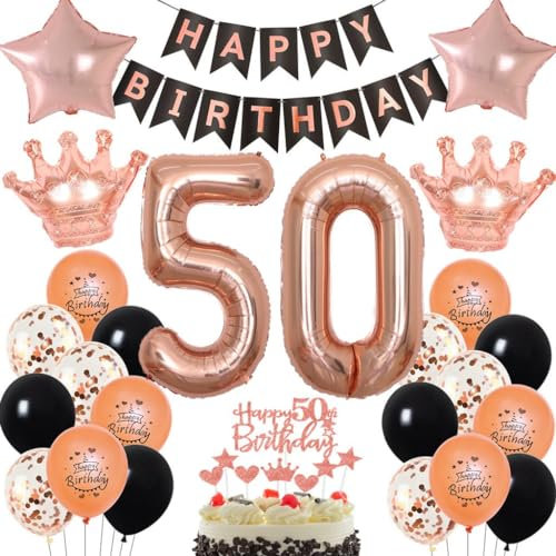 Palloncini e Decorazioni per Compleanno 50 Anni Donna - Oro Rosa e Nero - Festa