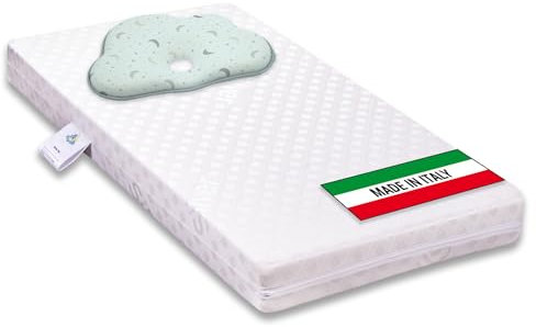 Materasso per culla lettino BIMBO antisoffoco misura 70x140 cm alto 9 cm con rivestimento sfoderabile e lavabile in lavatrice con guanciale Moon per prevenzione testa piatta