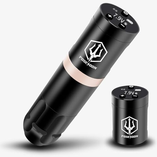 POSEIDON Battery Tattoo Pen with Extra Battery 1500mAh Capacity Wireless Power Tattoo Machine with Japan Coreless Motor Digital LED Display Equipment Supply for Professionals and Beginners
