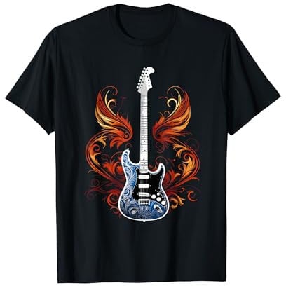 E-Gitarre mit Flammen Metal Band Rock Design T-Shirt