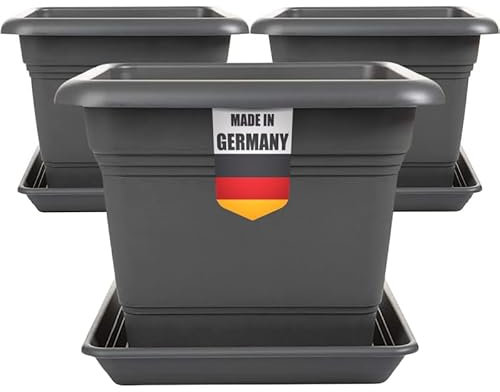 2friends Tomatentopf mit Untersetzer 28x28 cm – 3er Set Anthrazit Pflanzkübel Eckig Blumentopf für Tomaten und Blumen Stabil Kübel mit Ablaufsystem für Balkon & Garten